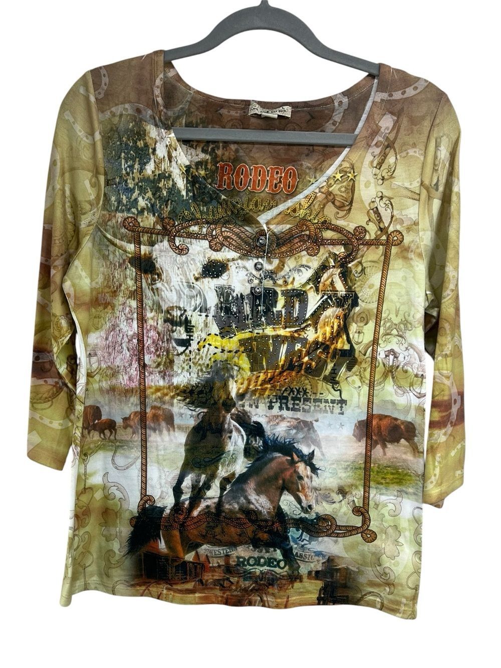 Live and Let Live Y2K Rodeo Wild West Jeweled V Neck Henley 3/4 Sleeve Womens Lg